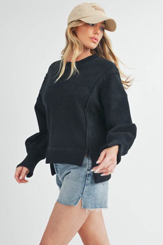 Aemi + Co Exposed Seam High-Low Round Neck Sherpa Top - us.meeeshop