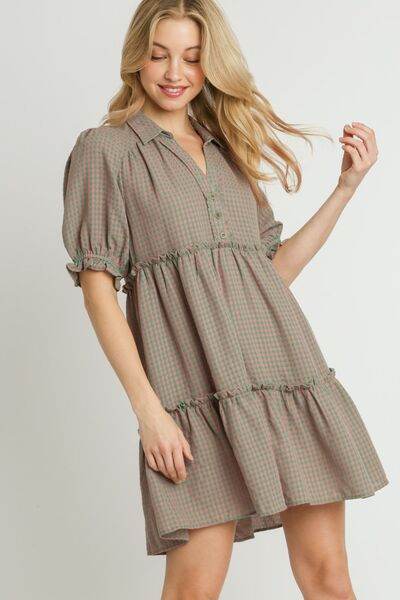 Umgee Plaid Frill Button Detail Ruffled Short Sleeve Dress Plus Size - us.meeeshop