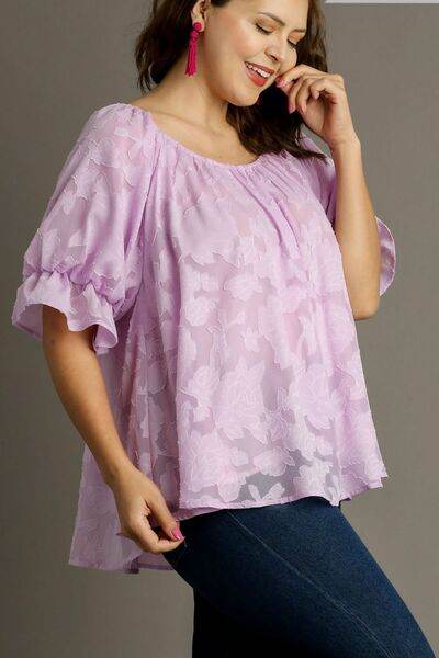 Umgee Jacquard Round Neck Ruffled Puff Sleeve Blouse Plus Size - us.meeeshop