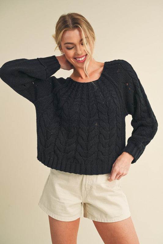 Aemi + Co Cable-Knit Openwork Round Neck Sweater - us.meeeshop