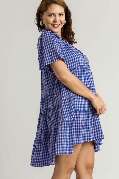 Umgee Gingham Tiered Button Detail Short Sleeve Dress Plus Size - us.meeeshop