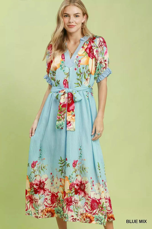 umgee mix floral Umgee Mix Floral Border Print Midi Dress BLUE MIX (dress) - shop at us.meeeshop