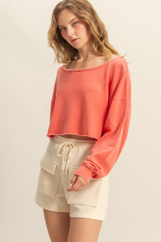 HYFVE Frayed Detail Boat Neck Long Sleeve Crop Top - us.meeeshop