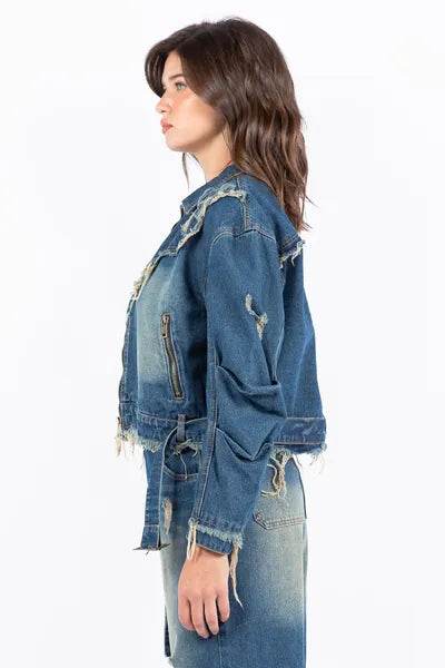 American Bazi Distressed Frayed Edge Zip Up Denim Jacket - us.meeeshop