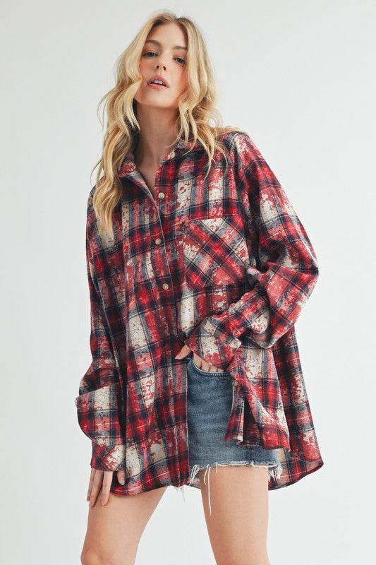 Aemi + Co Washed Plaid Button Up Raglan Sleeve Flannel Shirt in Scarlet - us.meeeshop