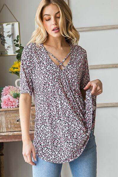 Heimish Full Size Short Sleeve Crisscross Animal Babydoll Top Plus Size - us.meeeshop