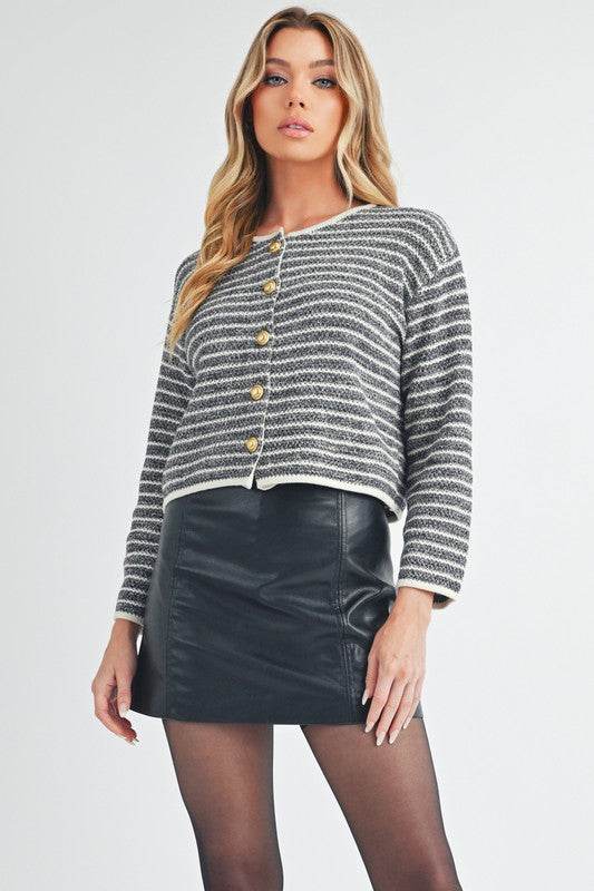 Aemi + Co Striped Button Down Round Neck Cardigan - us.meeeshop