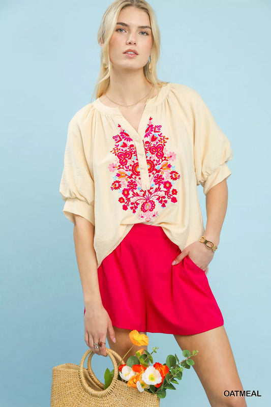 Umgee Embroidered Puff Sleeve Blouse (women's shirts & tops) - shop at us.meeeshop