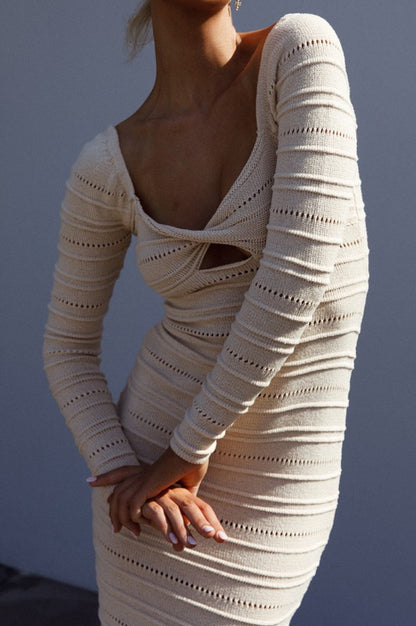 Crochet Knit Long Sleeved Midi Dress Not Lined | us.meeeshop