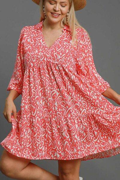 Umgee Two Tone Print Balloon Sleeve Tiered Dress Plus Size - us.meeeshop