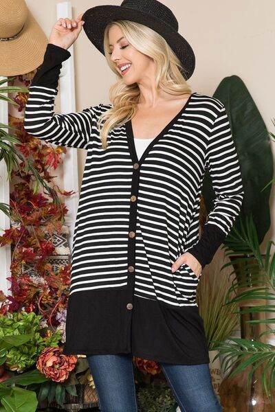 Celeste Striped Button Up Long Sleeve Cardigan Plus Size - us.meeeshop