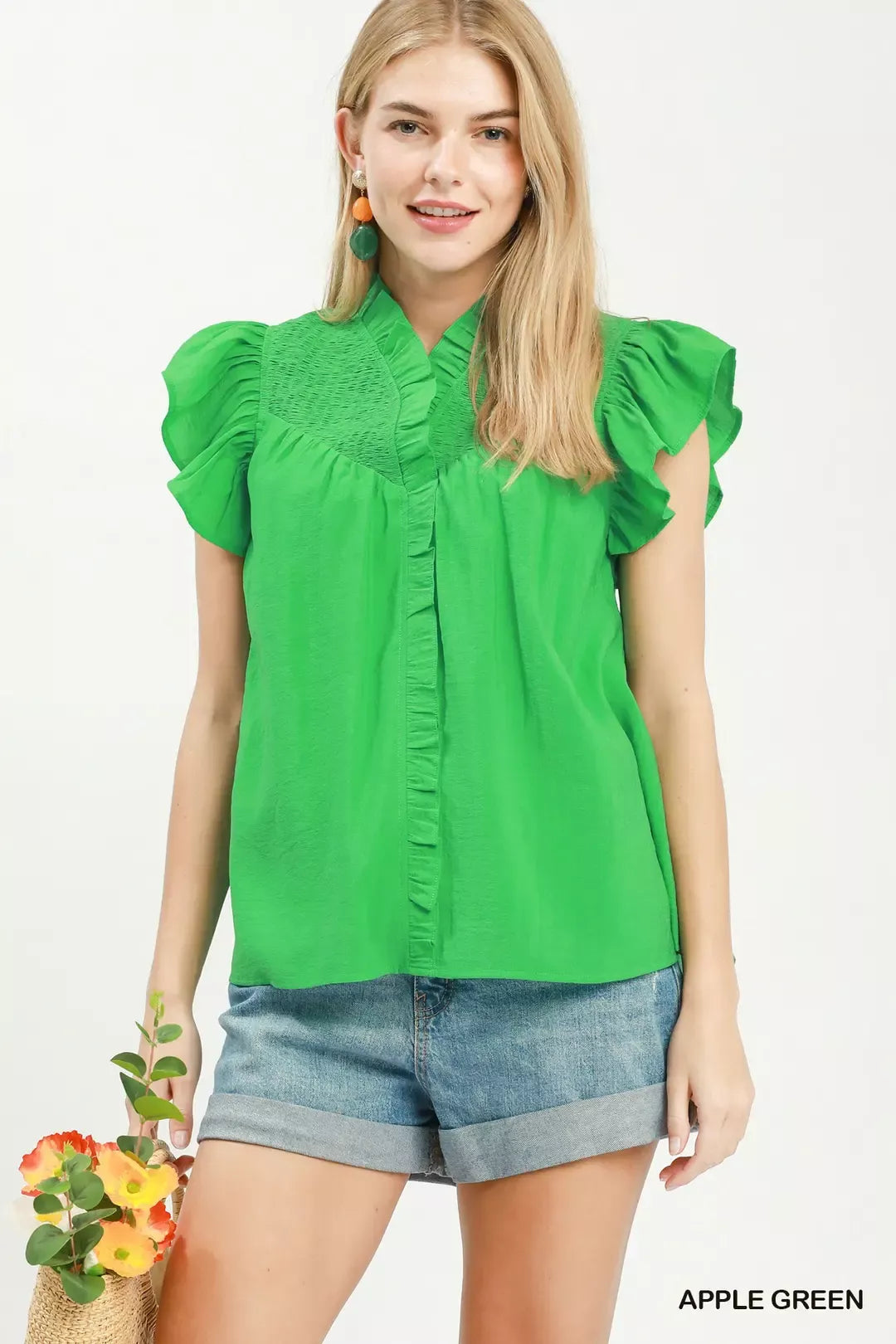 smocked yoke ruffle Smocked Yoke Ruffle Sleeve Blouse APPLE GREEN (top) - shop at us.meeeshop