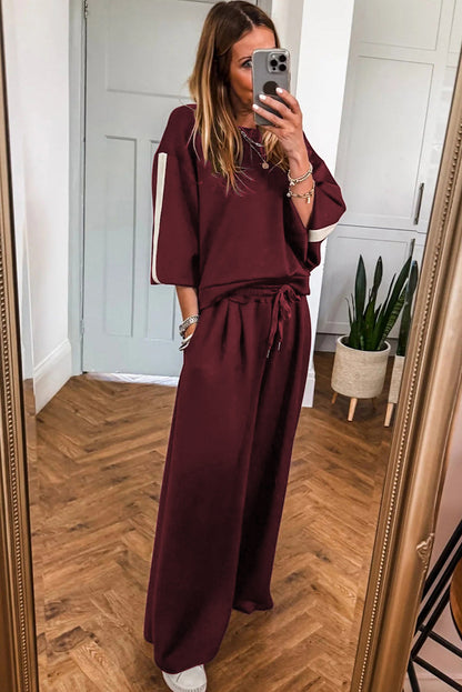 phoebe varsity striped Phoebe Varsity Striped 3/4 Sleeve Pullover Drawstring Sweatpants Set view 3 (bottom) - shop at us.meee