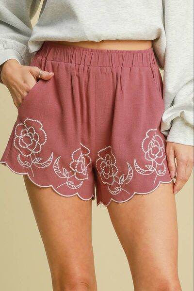 Umgee Linen Blend Shorts with Floral Embroidered Details Plus Size - us.meeeshop