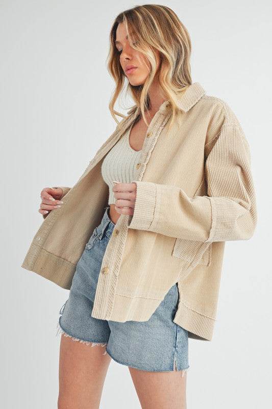 Aemi + Co Side Slit Exposed Seam Button Up Corduroy Jacket - us.meeeshop