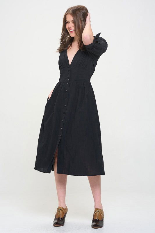 3/4 Puff Slv Texture Vneck Button Down Midi Dress us.meeeshop - 