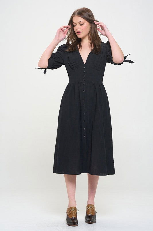 3/4 Puff Slv Texture Vneck Button Down Midi Dress us.meeeshop - 