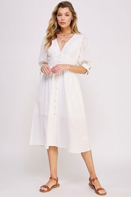 3/4 Puff Slv Texture Vneck Button Down Midi Dress us.meeeshop - 