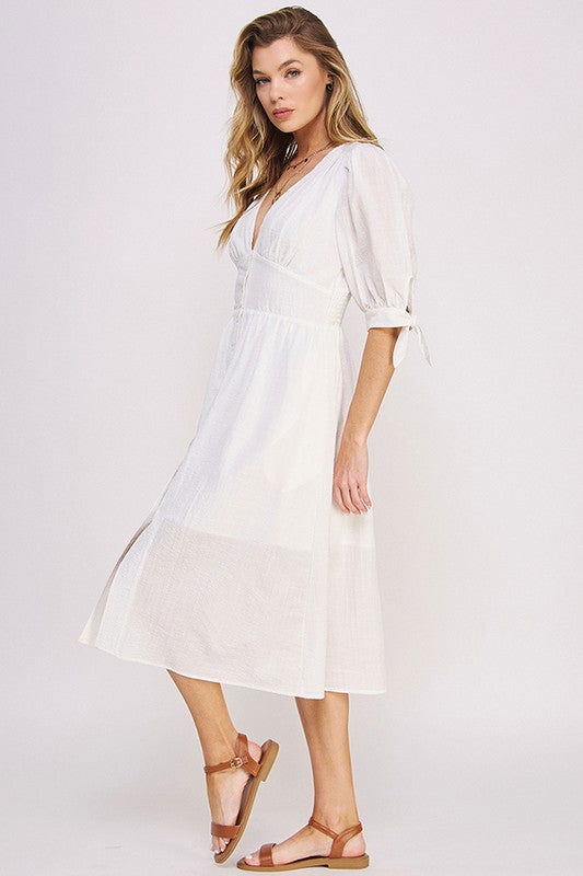 3/4 Puff Slv Texture Vneck Button Down Midi Dress us.meeeshop - 