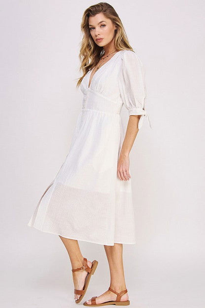 3/4 Puff Slv Texture Vneck Button Down Midi Dress us.meeeshop - 