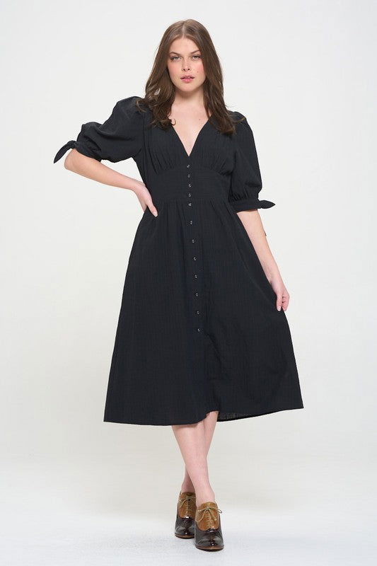 3/4 Puff Slv Texture Vneck Button Down Midi Dress us.meeeshop - 