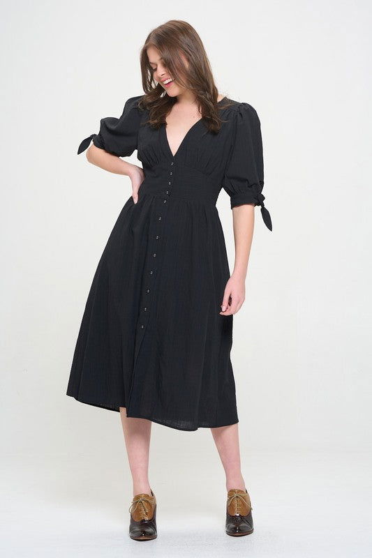 3/4 Puff Slv Texture Vneck Button Down Midi Dress us.meeeshop - 