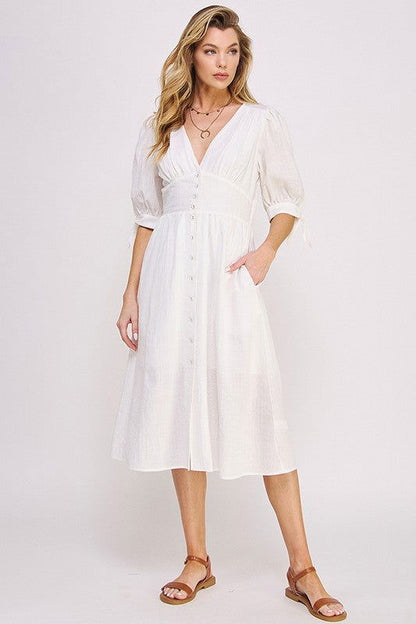 3/4 Puff Slv Texture Vneck Button Down Midi Dress us.meeeshop - Dresses