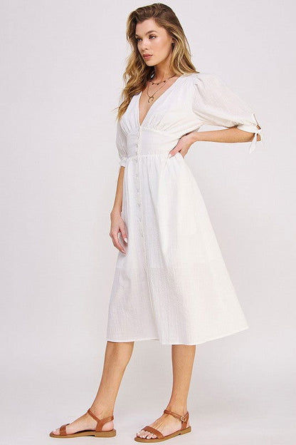 3/4 Puff Slv Texture Vneck Button Down Midi Dress us.meeeshop - 