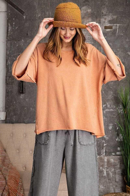 3/4 Slvs Mineral Washed Terry Knit Boxy Top | us.meeeshop
