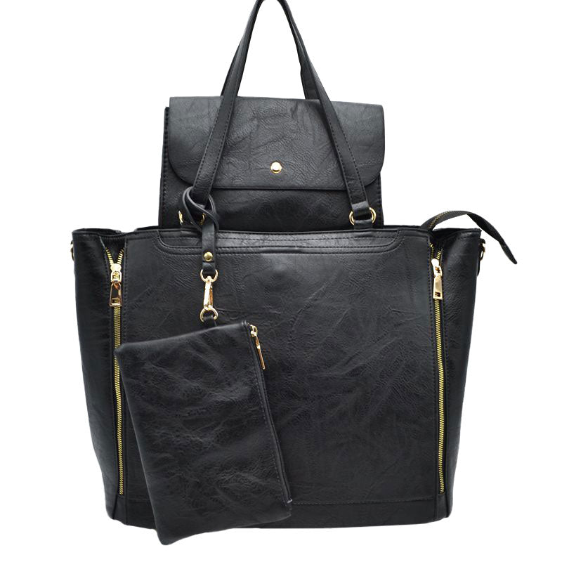 3 in 1 Side Zipper Women's Tote Handbag Set in Black - Zipper Women'S Tote Handbags (one-piece)