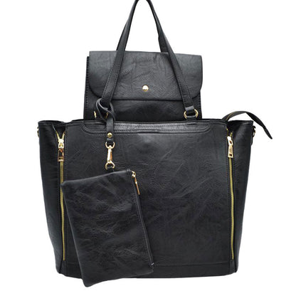3 in 1 Side Zipper Women's Tote Handbag Set in Black - Zipper Women'S Tote Handbags (one-piece)