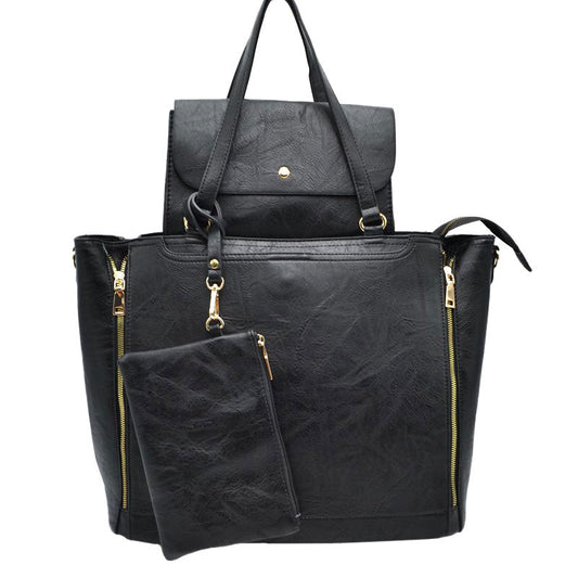 3 in 1 Side Zipper Women's Tote Handbag Set in Black - Zipper Women'S Tote Handbags (one-piece)
