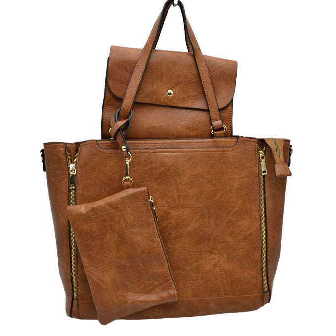 3 in 1 Side Zipper Women's Tote Handbag Set in Brown view 4 - Zipper Women'S Tote Handbags (one-piece)