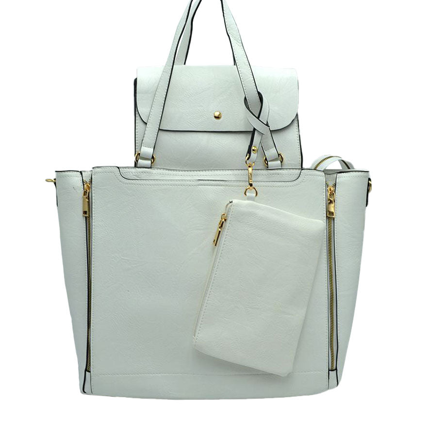 3 in 1 Side Zipper Women's Tote Handbag Set in White view 7 - Zipper Women'S Tote Handbags (one-piece)