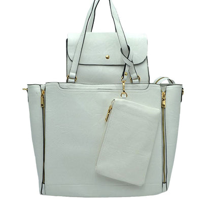 3 in 1 Side Zipper Women's Tote Handbag Set in White view 7 - Zipper Women'S Tote Handbags (one-piece)