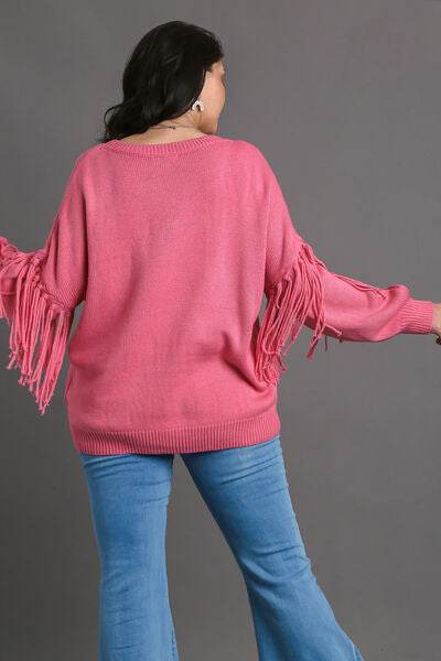 Umgee Fringe Round Neck Long Sleeve Sweater Plus Size - us.meeeshop