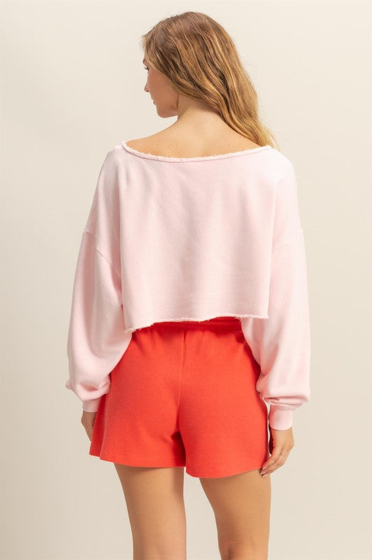 HYFVE Frayed Detail Boat Neck Long Sleeve Crop Top in Soft Pink - us.meeeshop