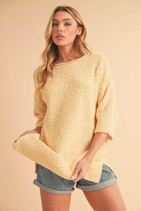 Aemi + Co Side Slit Ribbed Hem Round Neck Sweater - us.meeeshop