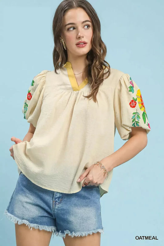 Umgee Embroidered Puff Sleeve Top (women's shirts & tops) - shop at us.meeeshop