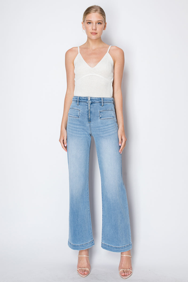 noemi eco friendly Noemi Eco Friendly Front Pocket Detail High Rise Flare Jeans view 4 (bottom) - shop at us.meeeshop