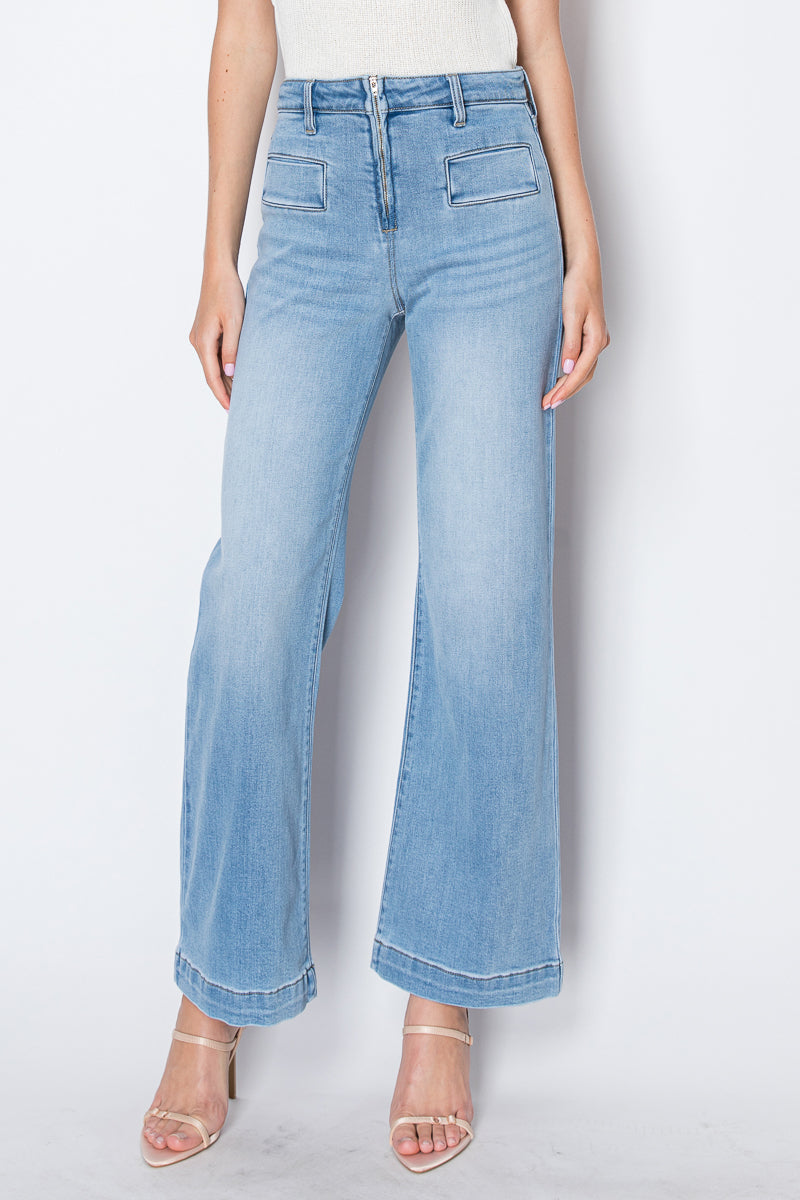 noemi eco friendly Noemi Eco Friendly Front Pocket Detail High Rise Flare Jeans view 6 (bottom) - shop at us.meeeshop