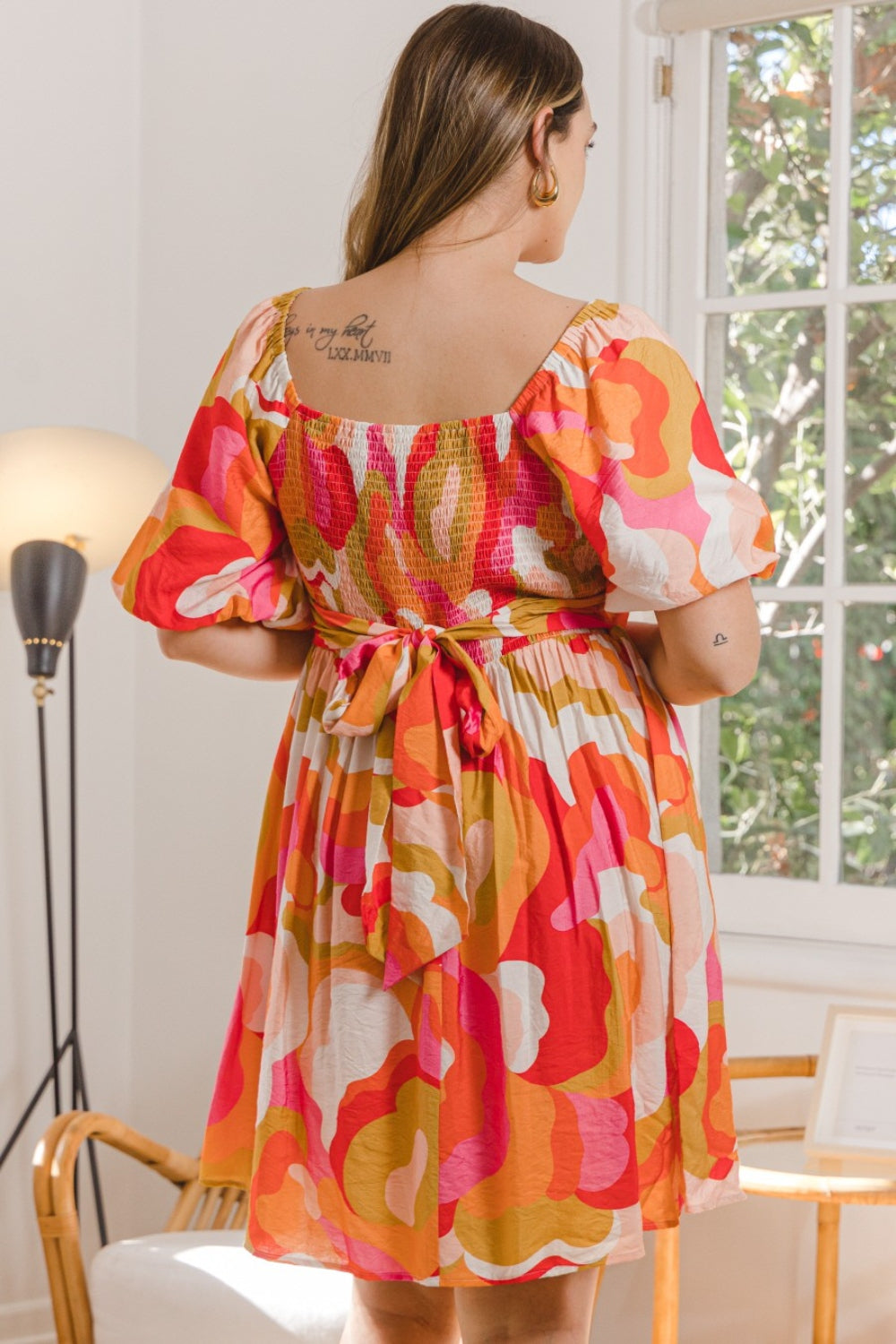 ODDI Full Size Printed Tied Back Short Sleeve Mini Dress | us.meeeshop