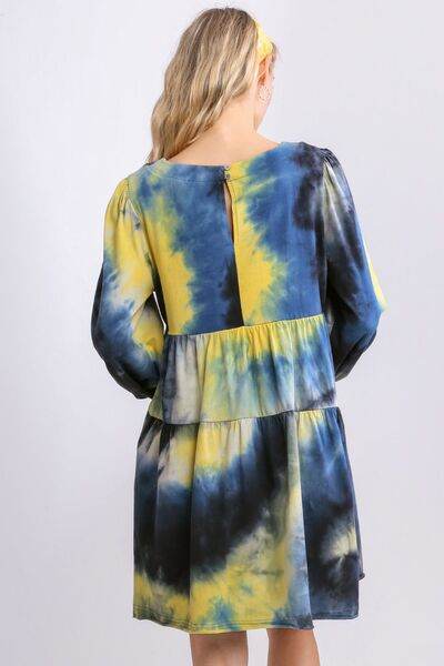 Umgee Tie Dye Round Neck Long Sleeve Babydoll Tiered Dress Plus Size - us.meeeshop