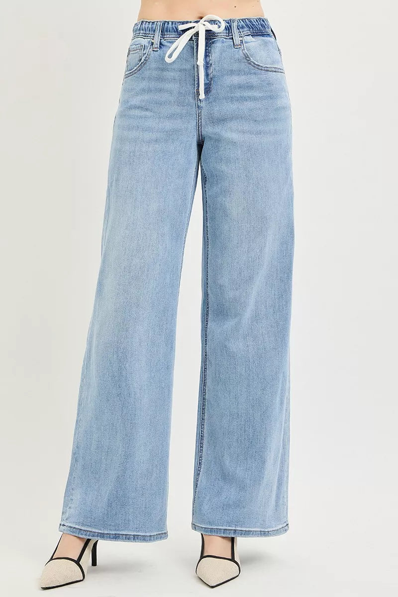 risen elastic band Risen Elastic Band Slouchy Wide Jeans with Drawstring Light (bottom) - shop at us.meeeshop