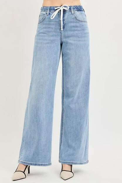 risen elastic band Risen Elastic Band Slouchy Wide Jeans with Drawstring Light (bottom) - shop at us.meeeshop
