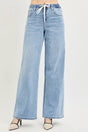 Risen Elastic Band Slouchy Wide Jeans with Drawstring