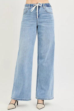 Risen Elastic Band Slouchy Wide Jeans with Drawstring