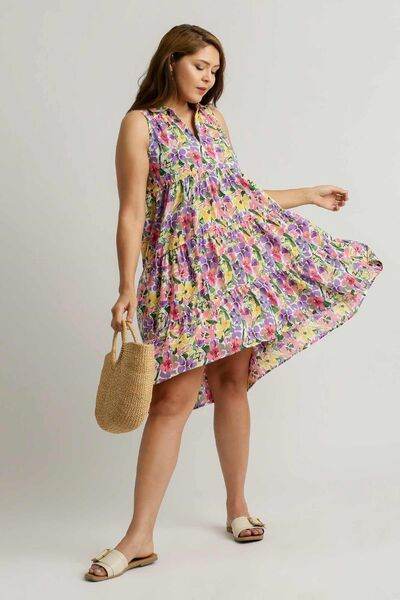 Umgee High-Low Hem Floral Sleeveless Tiered Dress Plus Size - us.meeeshop