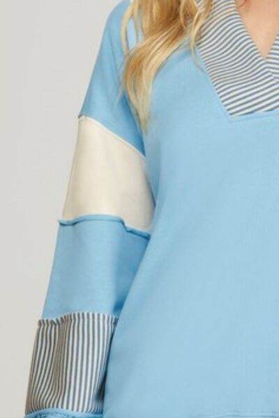 She + Sky Color Block Sleeve Johnny Collar French Terry Sweatshirt Plus Size - us.meeeshop