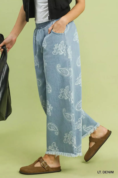 umgee denim paisley Umgee Denim Paisley Wide-leg Pants view 2 (bottom) - shop at us.meeeshop